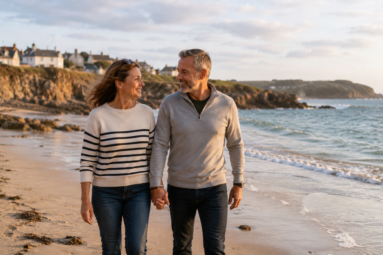 Couple épanoui marchant sur la plage au coucher du soleil