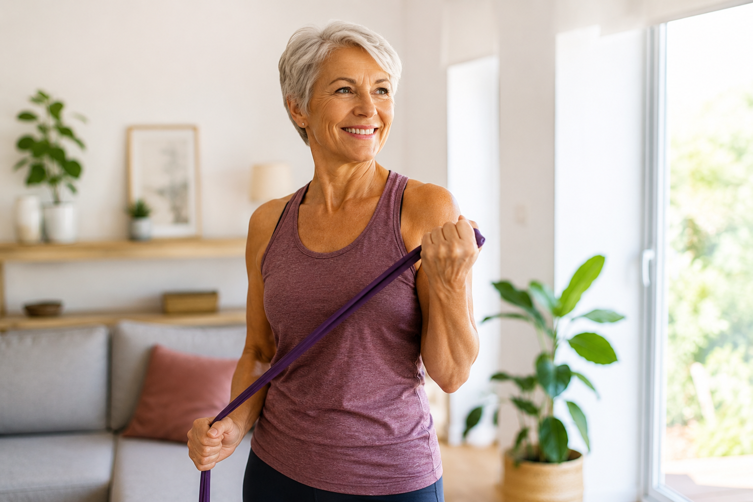 Femme faisant du renforcement musculaire avec un élastique